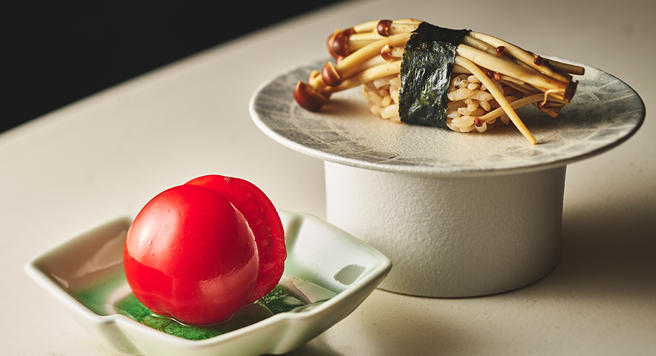 トマトの蜜煮、山えのきの握り